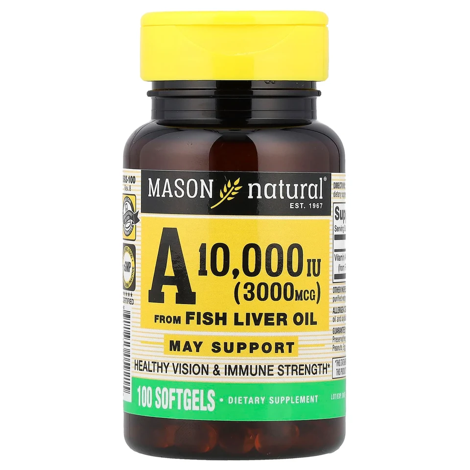 Витамин A Mason Natural from Fish Liver Oil ( ), 3000 мкг (10000 МЕ), 100 мягких капсул