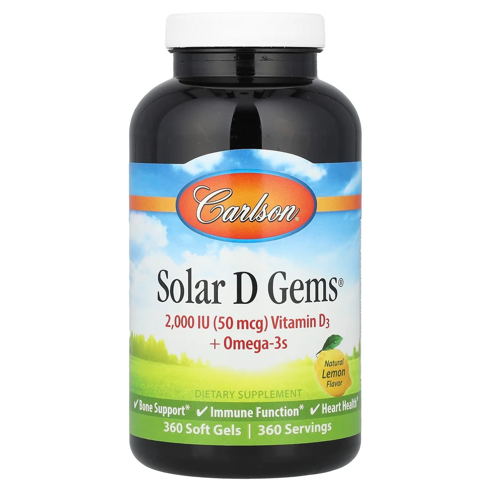 Витамин D3 Carlson Solar D Gems® Omega-3s, вкус «натуральный лимон», 360 мягких капсул