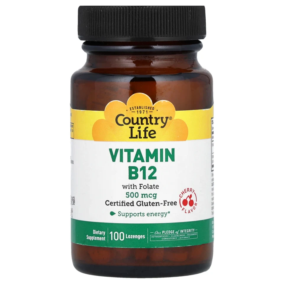 Витамин B12 Country Life with Folate, вкус «вишня», 100 пастилок