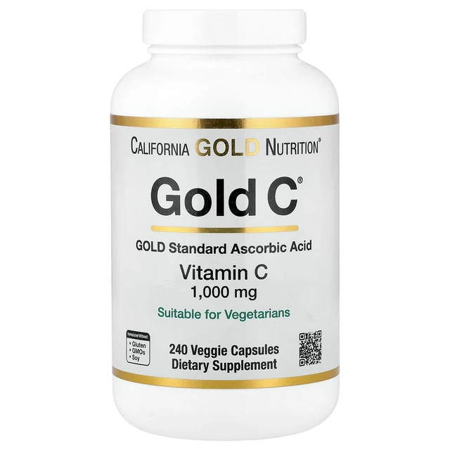 Витамин C California Gold Nutrition Gold C® USP Grade, 1000 мг, 240 растительных капсул
