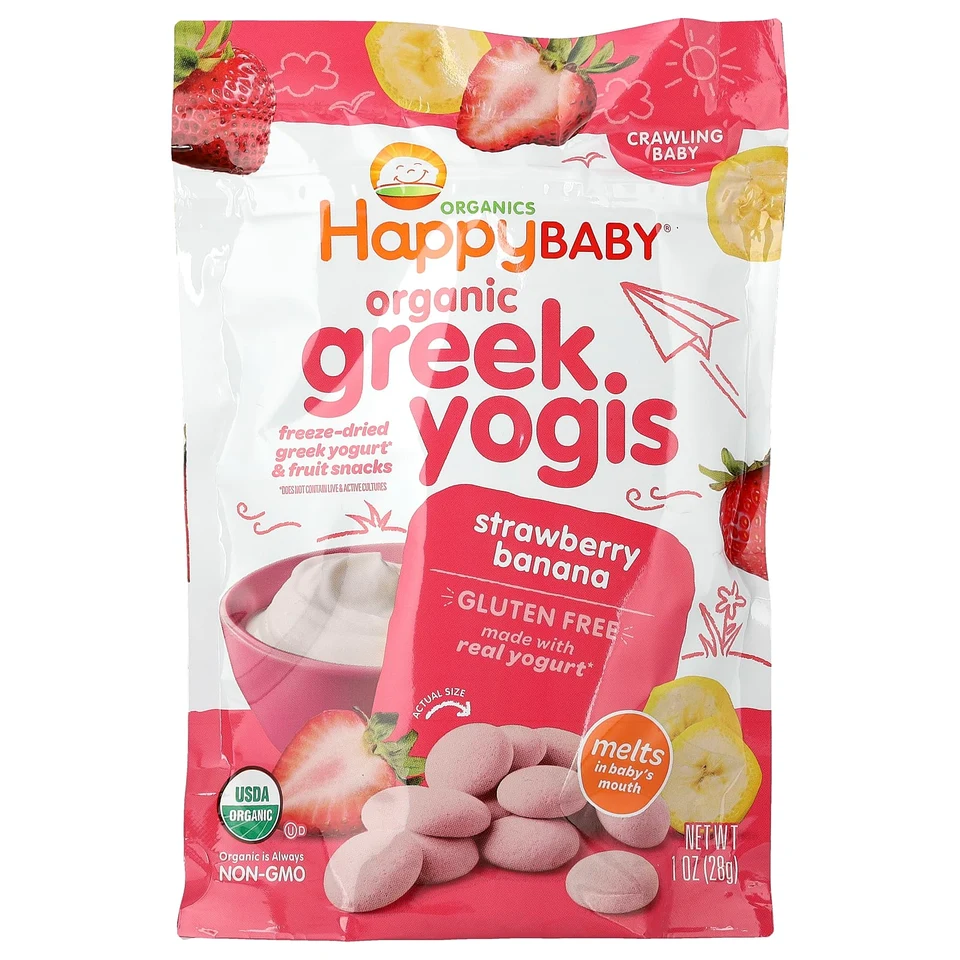 Йогуртовые снеки Happy Baby Organic Greek Yogis, клубника и банан, 28 г