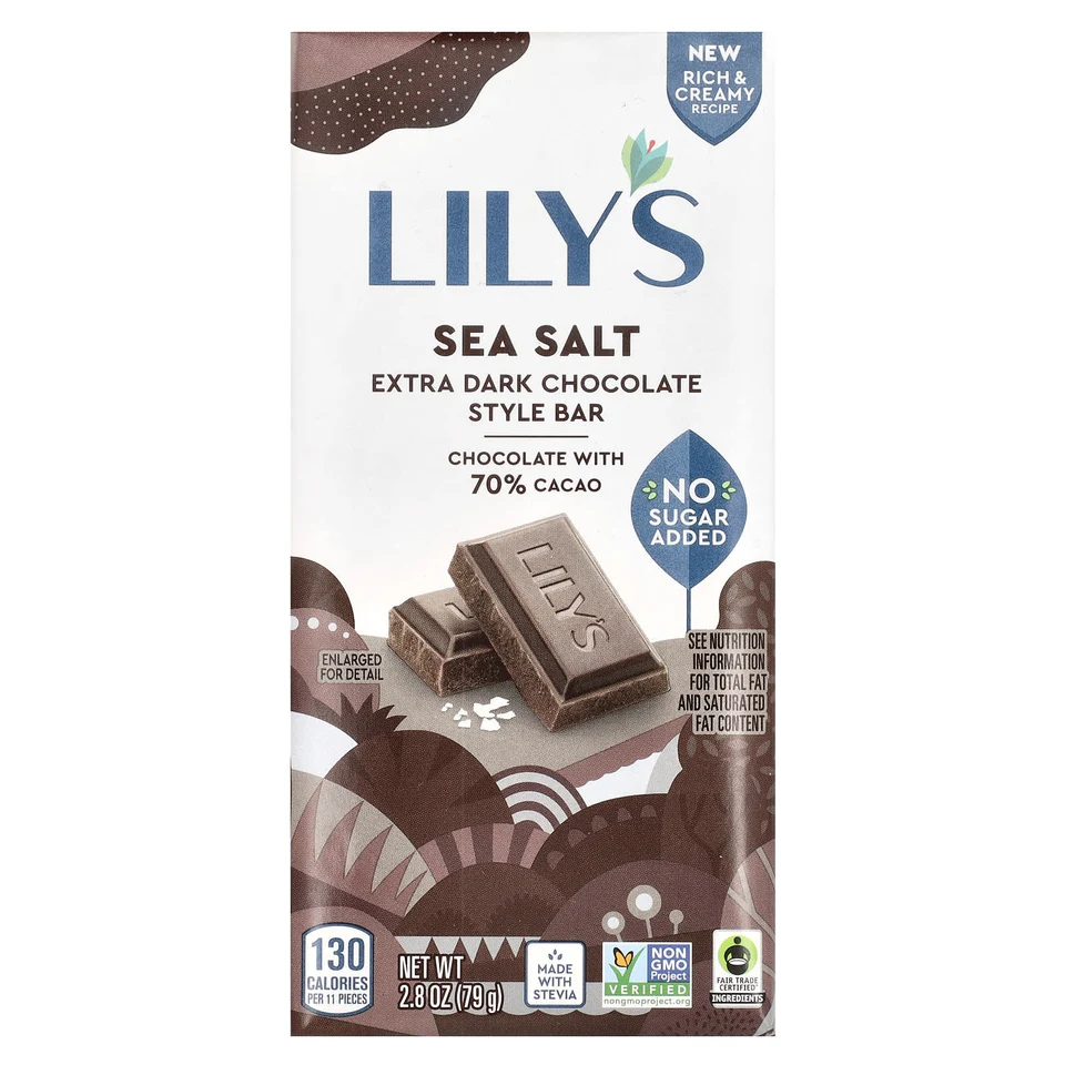 Темный шоколад Lily's Sweets Sea Salt 70% Cacao, Extra Dark Chocolate Style Bar, 79 г, батончик