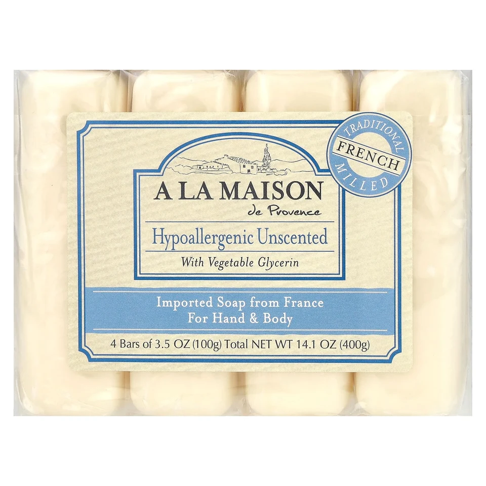 Мыло A La Maison de Provence Hand & Body Soap Hypoallergenic Unscented, 100 г, 4 шт., батончик