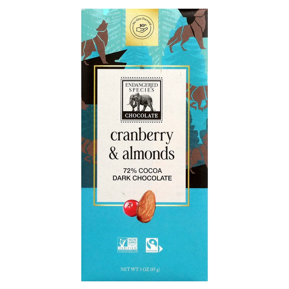 Темный шоколад Endangered Species Chocolate Cranberry & Almonds 72% Cocoa, 85 г