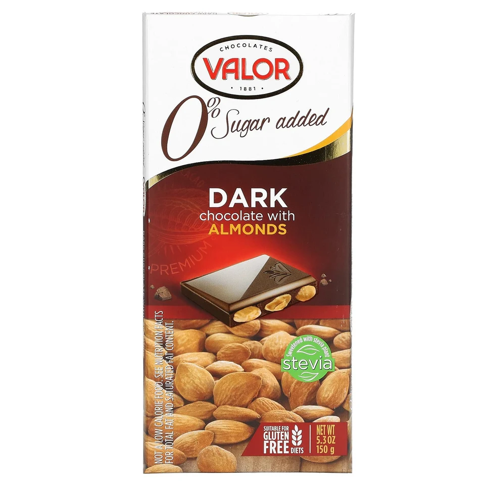Темный шоколад Valor 0% Sugar Added, Dark Chocolate with Almonds, 150 г