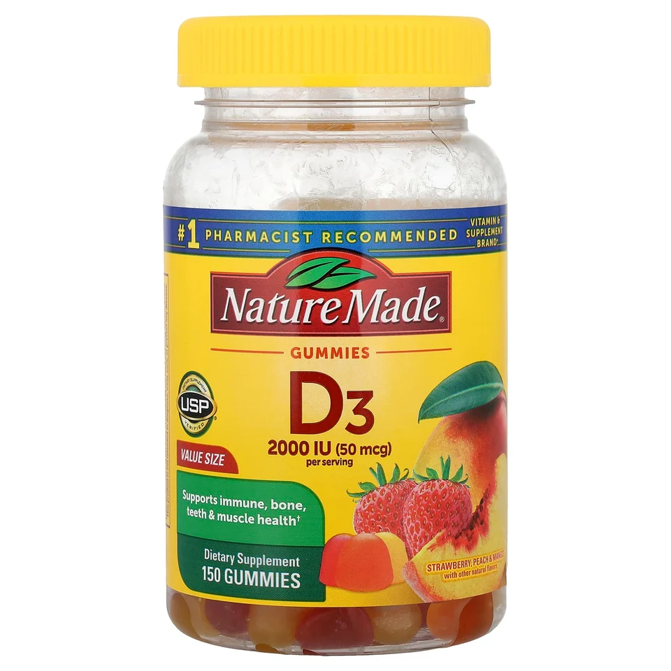Витамин D3 Nature Made Peach & Mango, вкус «клубника», 25 мкг (1000 МЕ), 150 жевательных пастилок