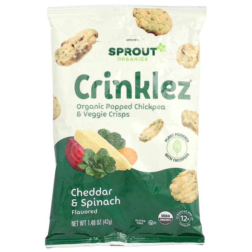 Детские органические снеки Sprout Organics Crinklez® из нута и овощей, чеддер и шпинат, от 12 месяцев, 42 г