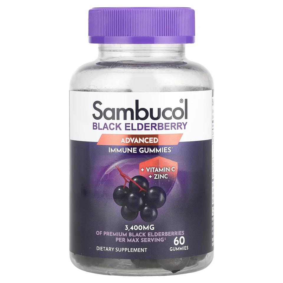 Бузина Sambucol Advanced Immune Gummies Vitamin C Zinc, чёрная бузина, 60 жевательных пастилок