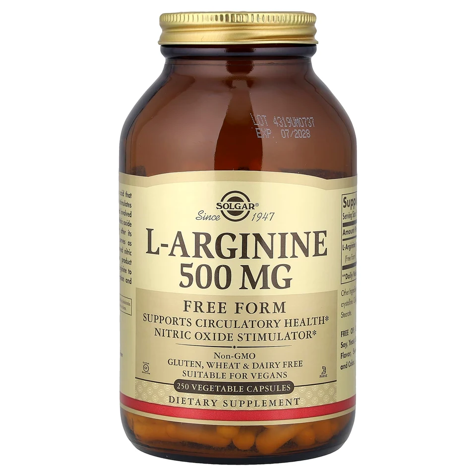 L-аргинин Solgar L-Arginine Free Form, 500 мг, 250 растительных капсул