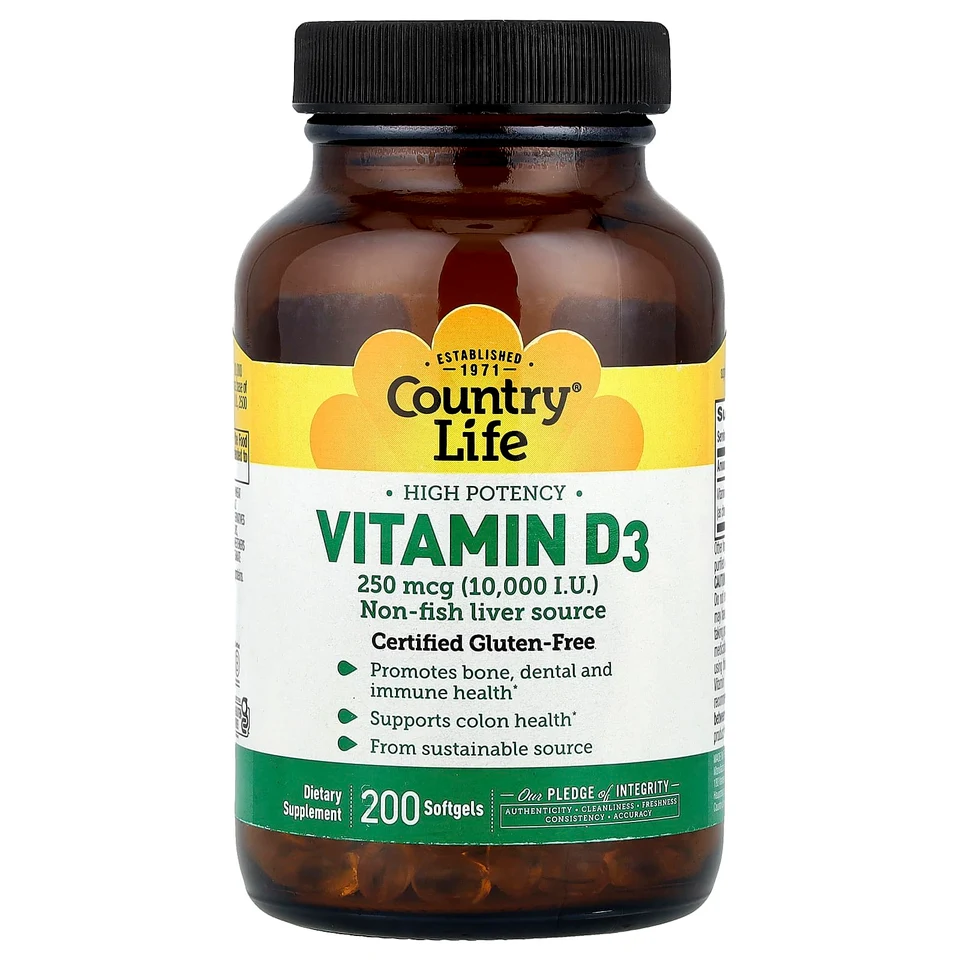Витамин D3 Country Life High Potency, 250 мкг (10000 МЕ), 200 мягких капсул