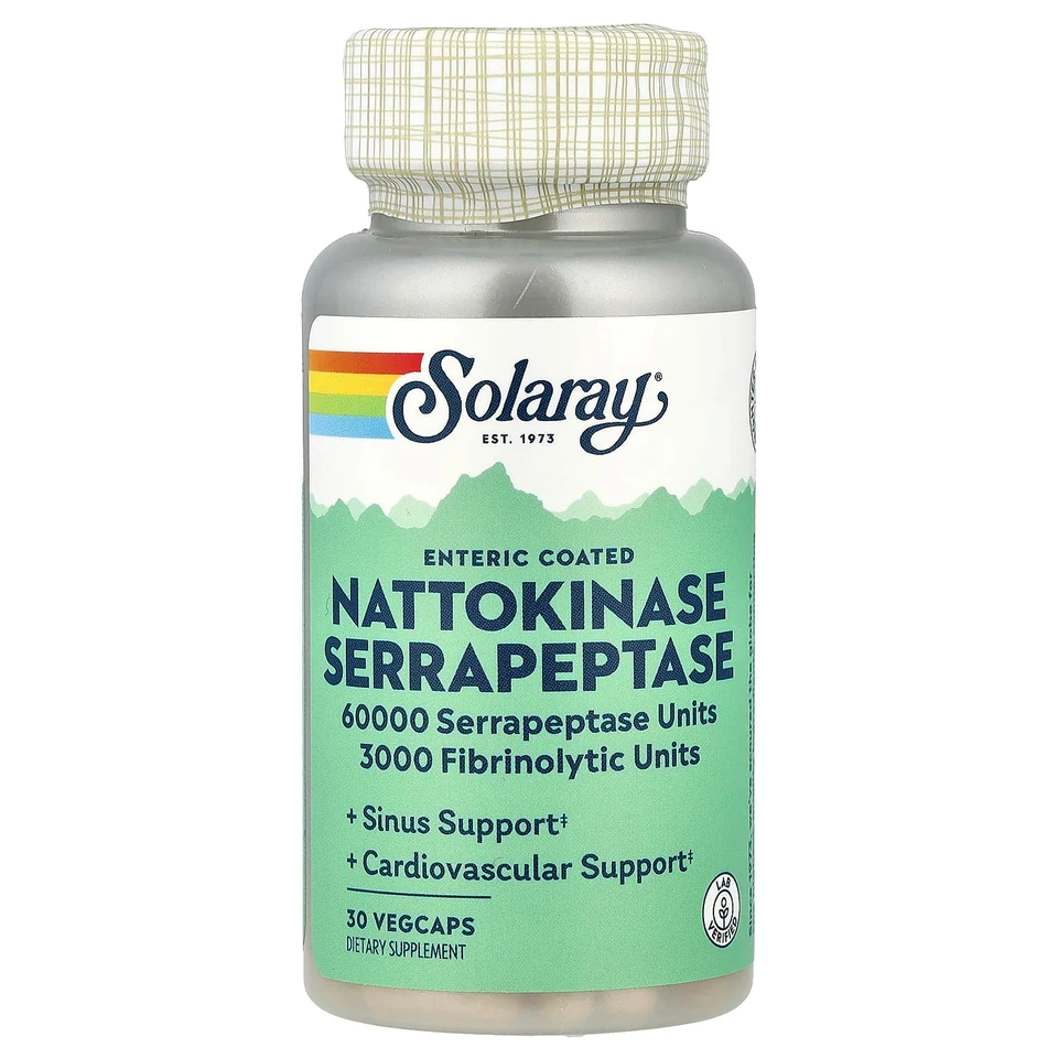 Наттокиназа Solaray Serrapeptase Enteric Coated, 30 растительных капсул