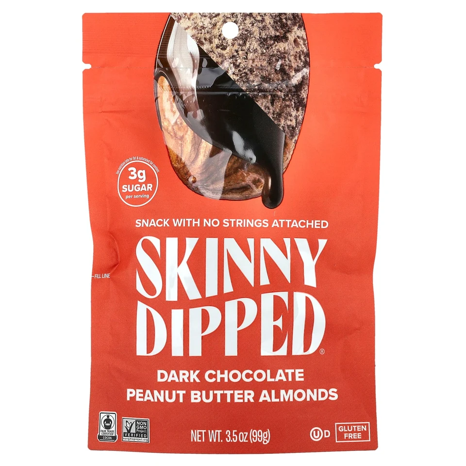 Темный шоколад SkinnyDipped, Dark Chocolate Peanut Butter Almonds, 99 г