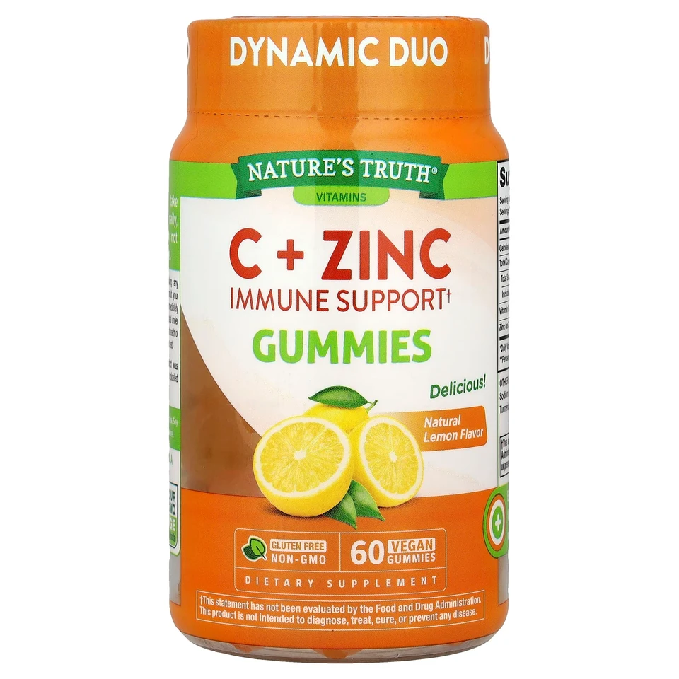 Цинк Nature's Truth C Immune Support Gummies 60 Vegan Gummies, вкус «натуральный лимон», жевательные пастилки