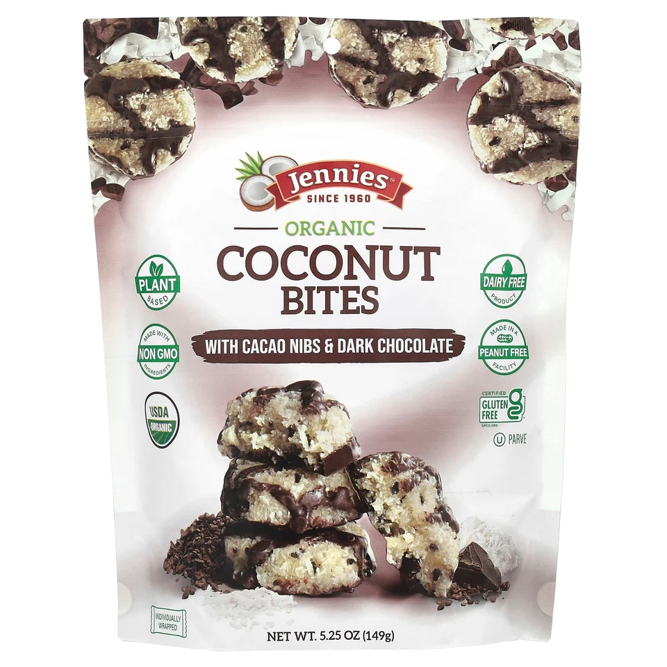Темный шоколад Jennies Macaroons Organic Coconut Bites with Cacao Nibs &, Organic Coconut Bites, with Cacao Nibs & Dark Chocolate, 149 г
