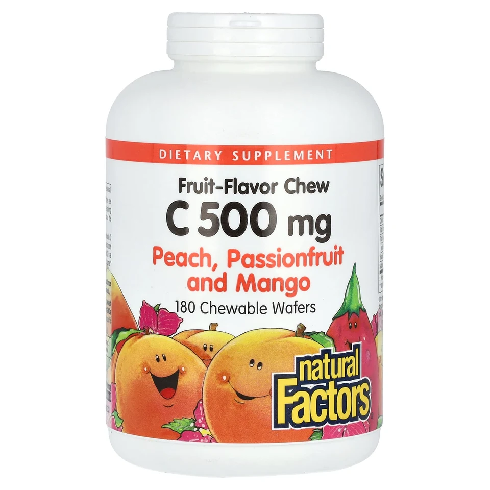 Витамин C Natural Factors Fruit-Flavor Chew Peach Passionfruit and Mango, 180 жевательных таблеток, 500 мг, жевательные добавки