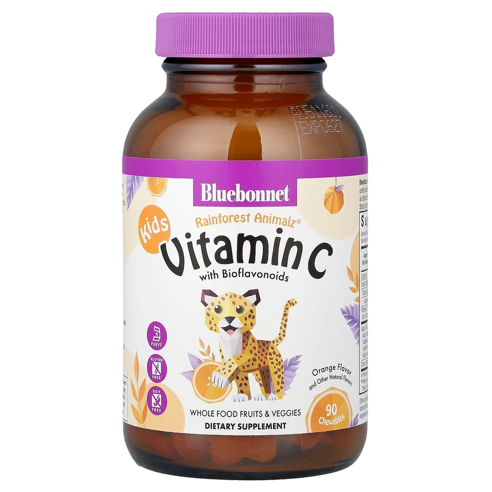 Витамин C Bluebonnet Nutrition Rainforest Animalz® With Bioflavonoids, вкус «апельсин», 90 жевательных таблеток