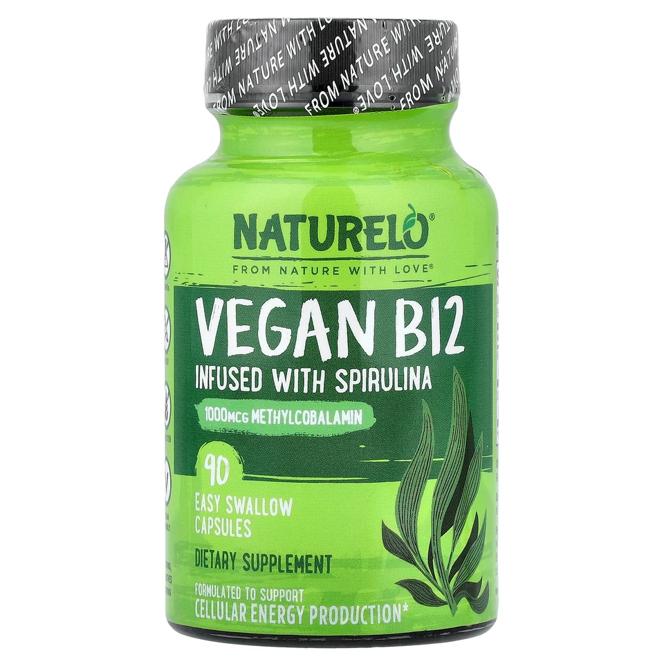 Спирулина NATURELO Vegan B12 Infused with 90 Easy Swallow Capsules, капсулы