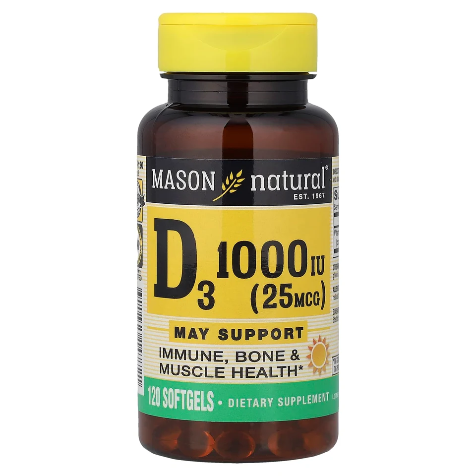 Витамин D3 Mason Natural, 25 мкг (1000 МЕ), 120 мягких капсул