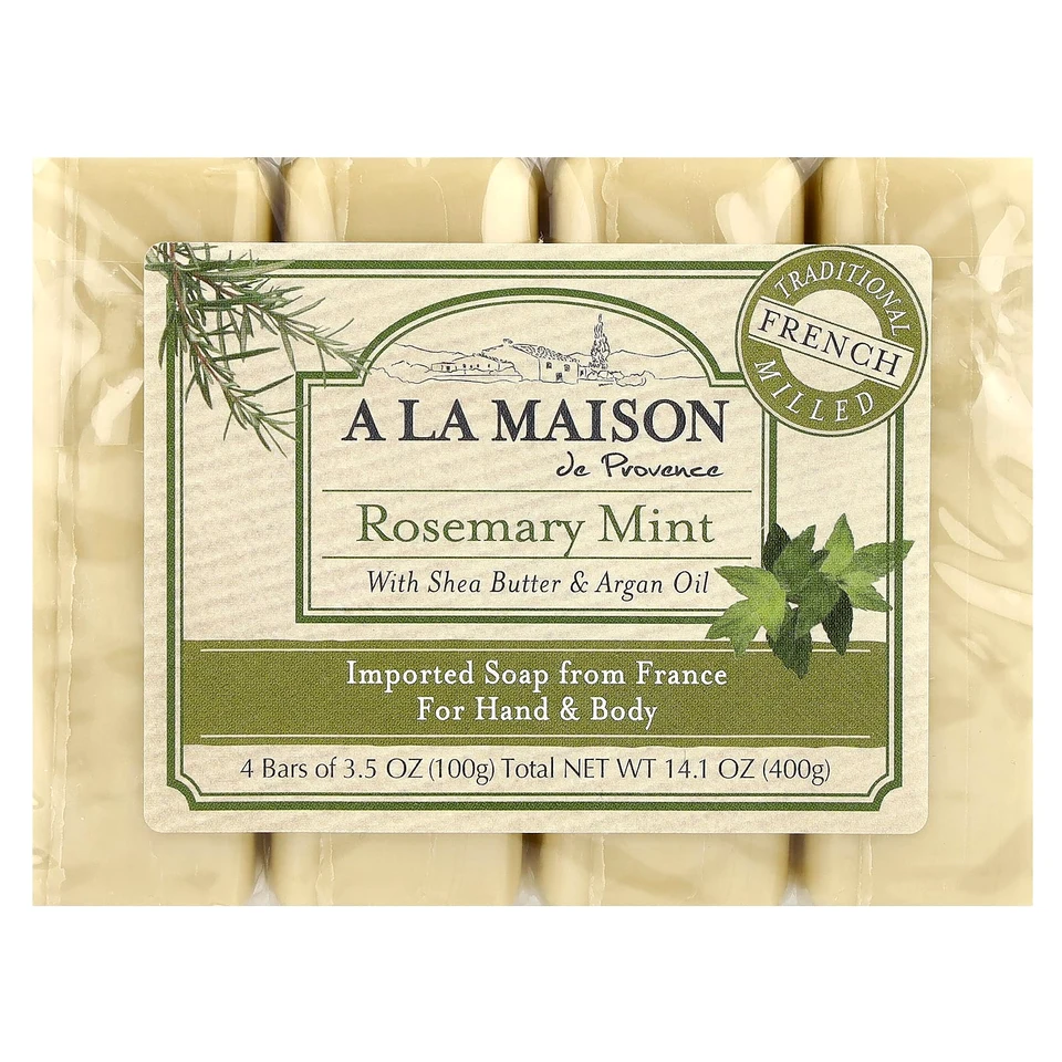 Мыло A La Maison de Provence Hand & Body Soap Rosemary Mint, 100 г, 4 шт., батончик