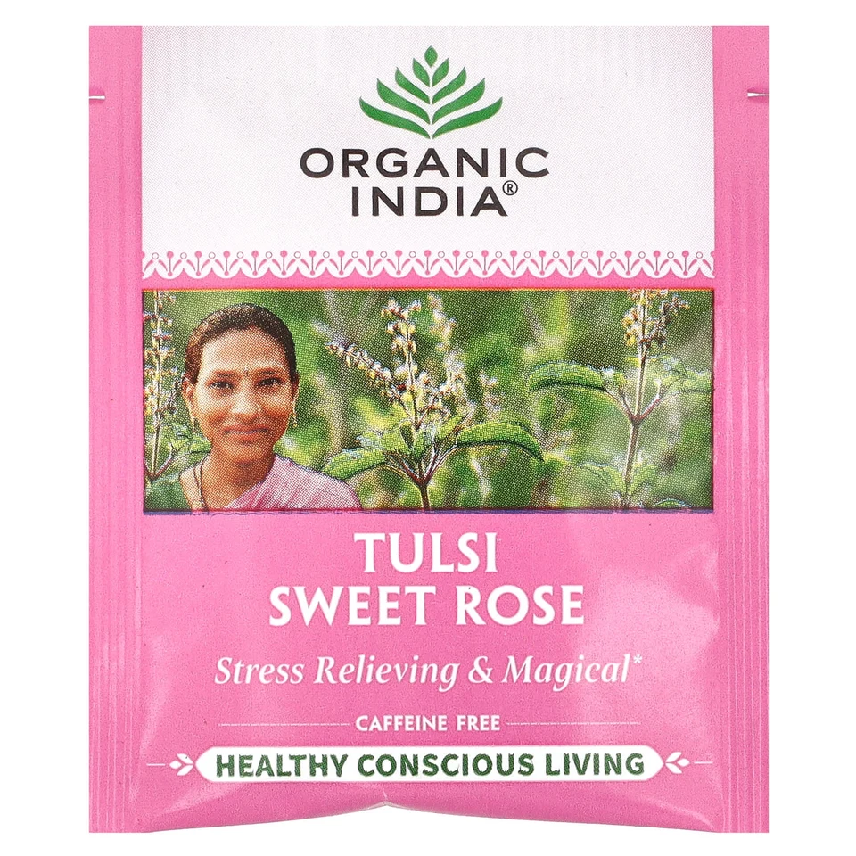 Чай Organic India Tulsi Sweet Rose, без кофеина, 18 чайных пакетиков, 28.8 г