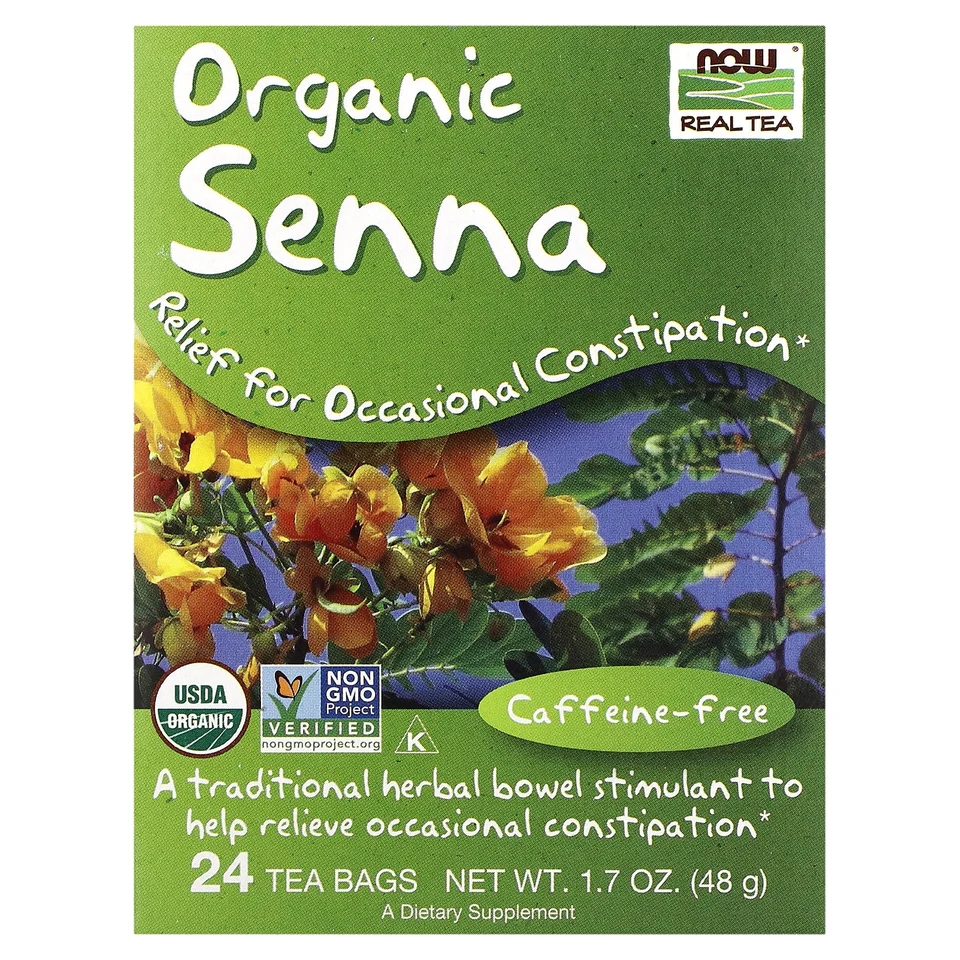 Чай NOW Foods Real Organic Senna Caffeine Free, 24 чайных пакетика, 48 г, чайные пакетики