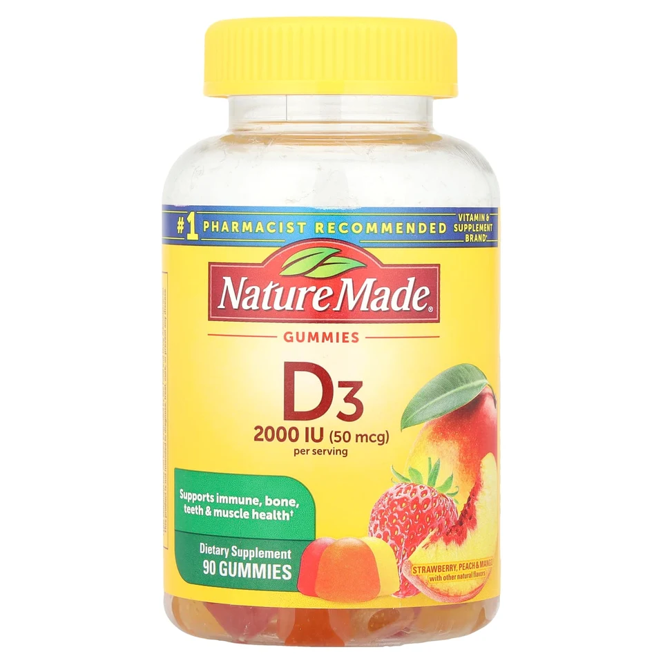 Витамин D3 Nature Made Peach & Mango, вкус «клубника», 25 мкг (1000 МЕ), 90 жевательных пастилок