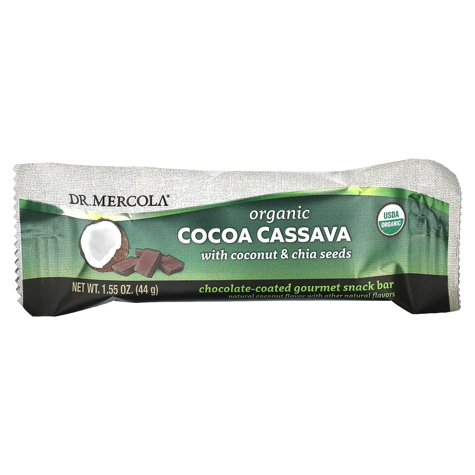 Семена чиа Dr. Mercola, Organic Cocoa Cassava with Coconut & Chia Seeds, 44 г, 12 шт., батончик