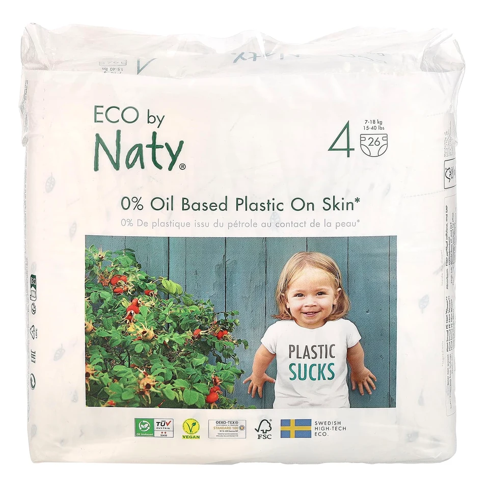 Экологичные подгузники Naty, размер 4, 15-40 фунтов (7-18 кг), 26 штук