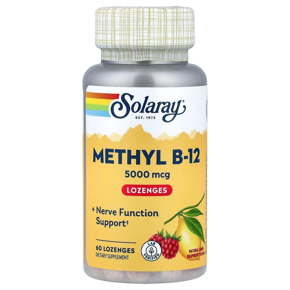 Метилкобаламин Solaray, витамин B12, лимон и малина, 5000 мкг, 60 пастилок