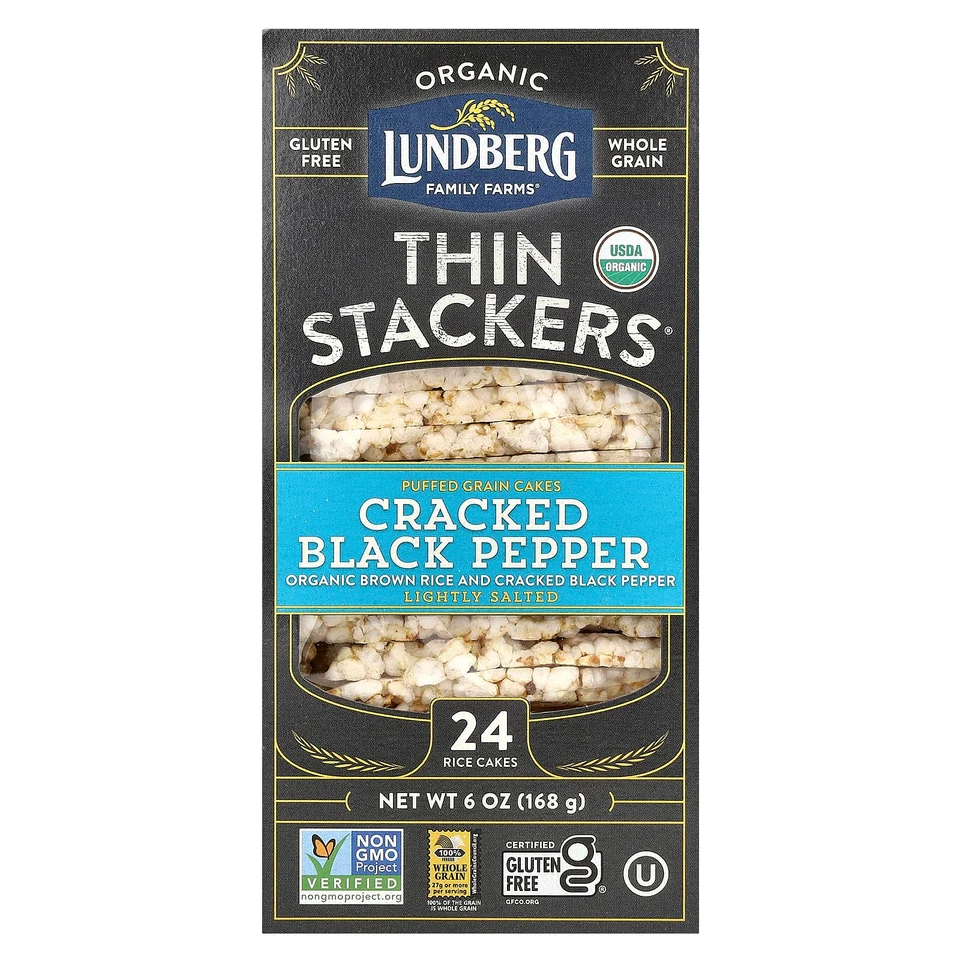 Рис Lundberg Organic Thin Stackers Puffed Grain Cakes Cracked Black Pepper Lightly Salted 24 Cakes, 168 г