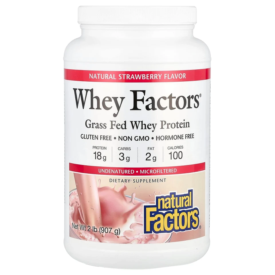 Сывороточный протеин Natural Factors Whey Factors® Grass Fed, вкус «клубника», 907 г