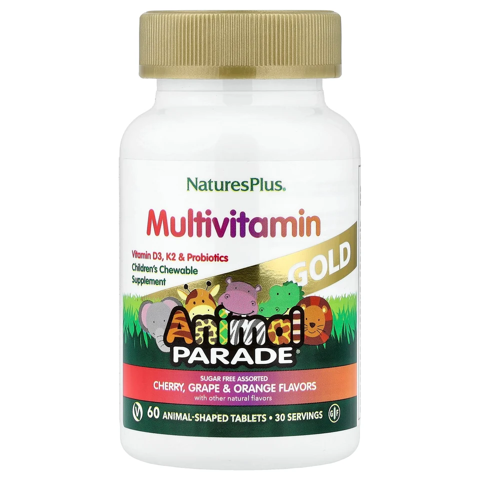 Детские жевательные мультивитамины NaturesPlus Animal Parade® Gold Cherry Grape & Orange, 60 жевательных таблеток в форме животных