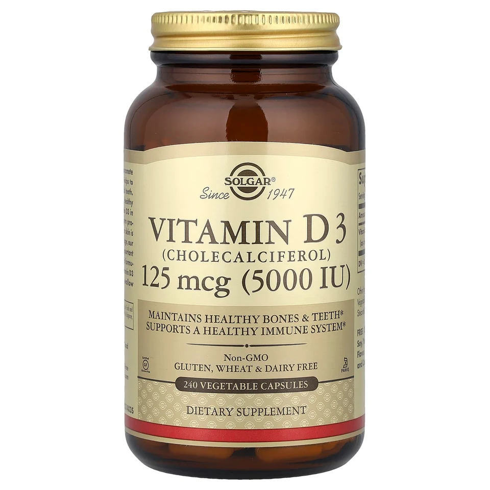 Витамин D3 Solgar (Cholecalciferol), 125 мкг (5000 МЕ), 240 растительных капсул