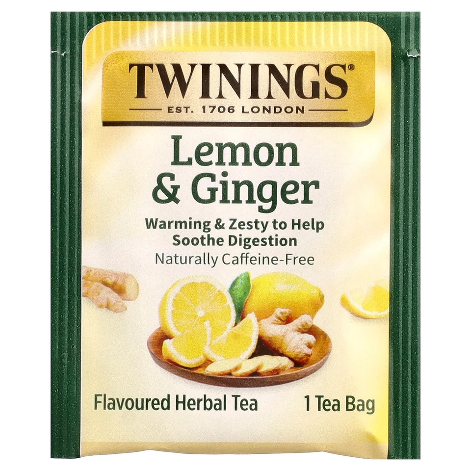 Имбирь Twinings Flavored Herbal Tea Lemon & Caffeine Free, 25 чайных пакетиков, 37.5 г, чайные пакетики