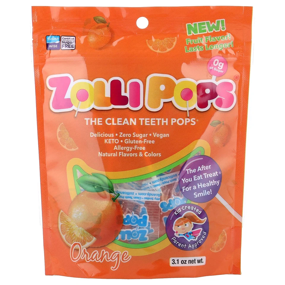 Леденцы для чистки зубов Zollipops, апельсин, 3.1 унции