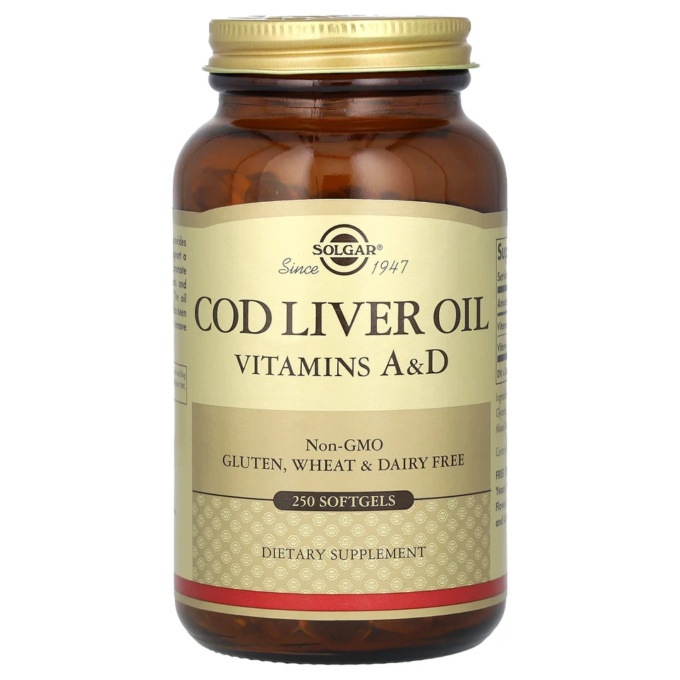 Масло печени трески Solgar Vitamins A & D, 250 мягких капсул