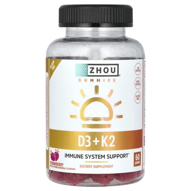 Фото товара: Витамин D3 Zhou Nutrition K2 Gummies, вкус «клубника», 60 жевательных пастилок