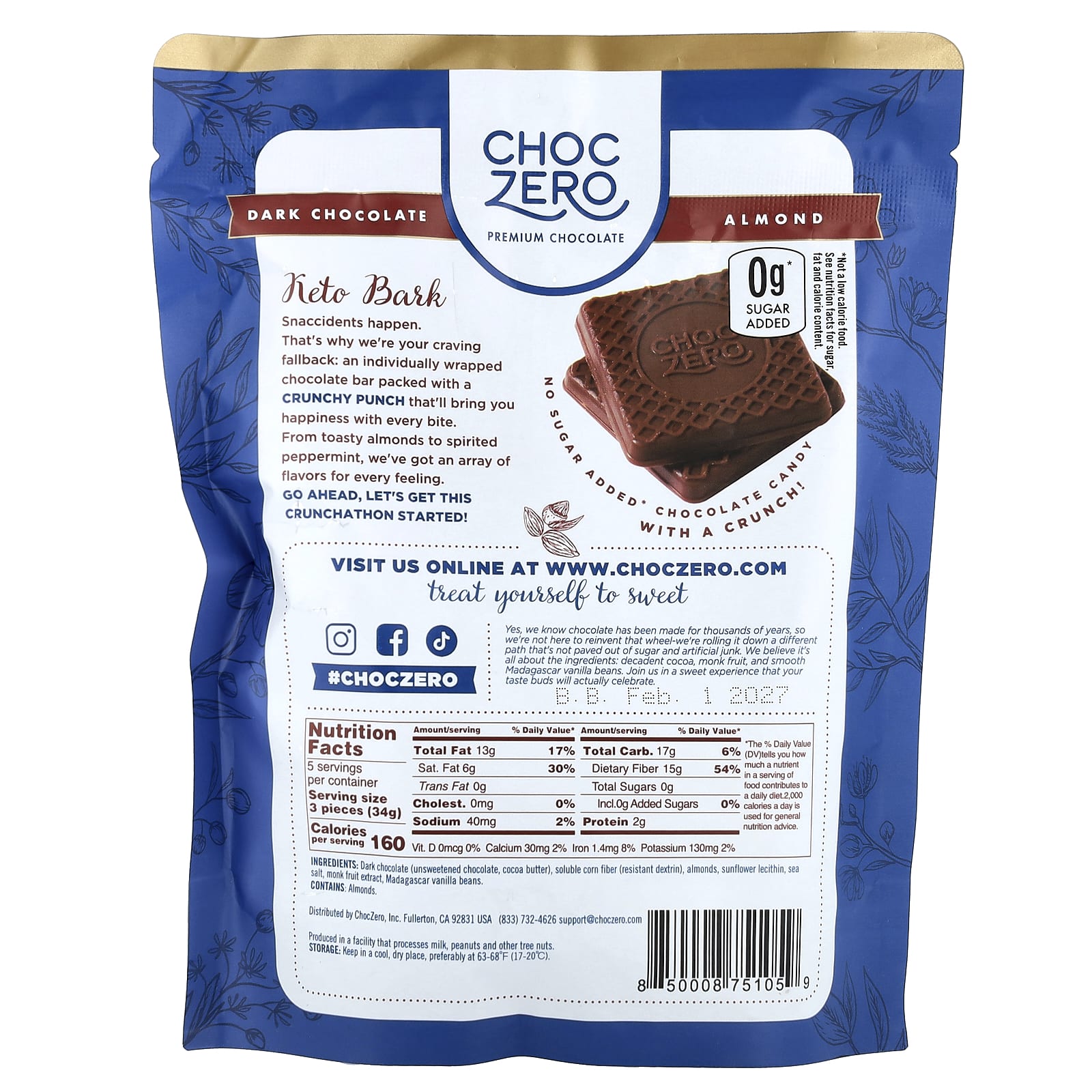 Темный шоколад ChocZero Keto Bark Almond With Sea Salt 15 Mini Bars, вкус Dark Chocolate, 170 г, батончик — фото 2