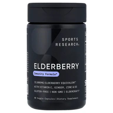 Фото товара: Бузина Sports Research Ginger Zinc & D3, Elderberry With Vitamin C, 60 растительных капсул