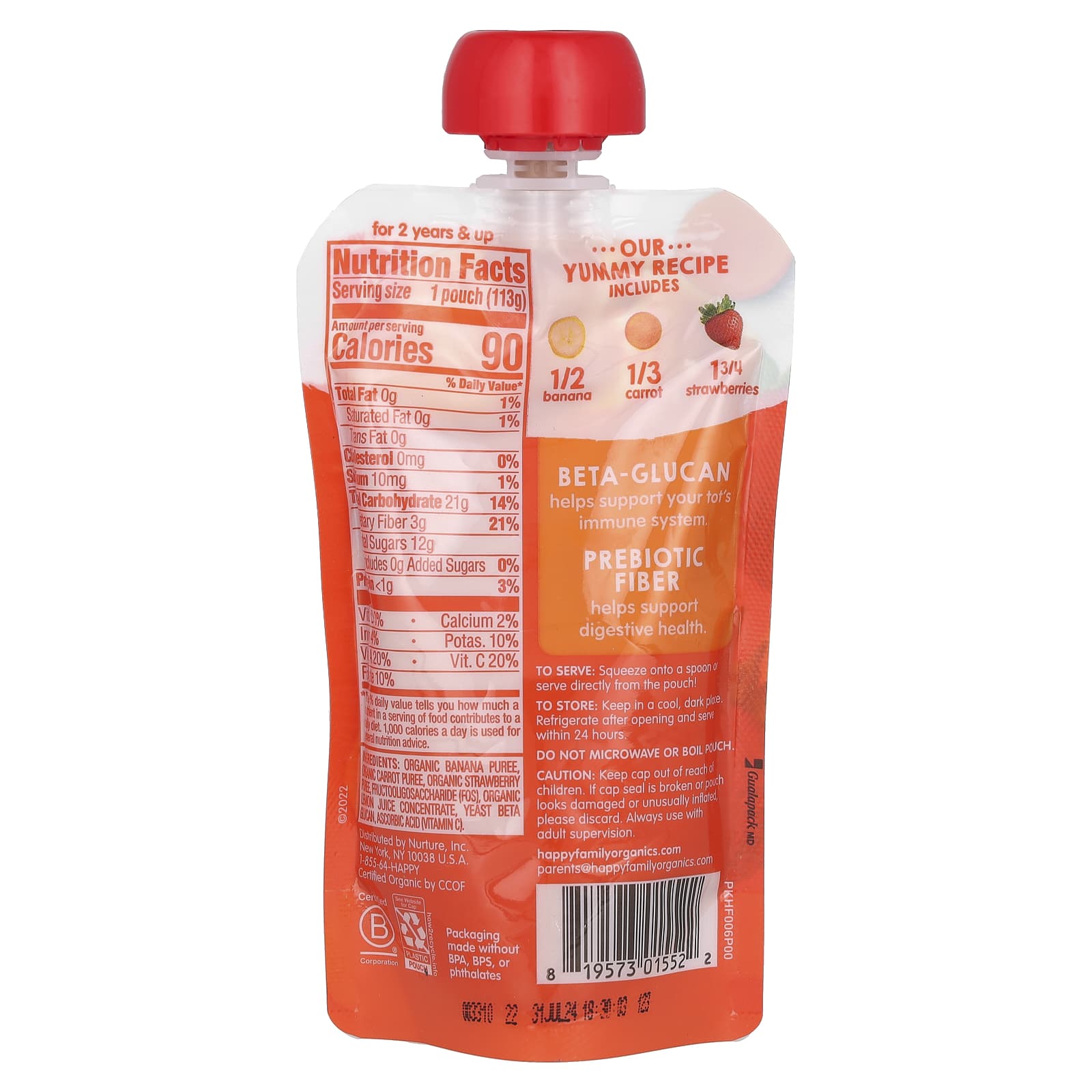 Пюре Happy Tot®, Super Bellies™, для детей от 2 лет, органические бананы, морковь и клубника, 113 г — фото 2