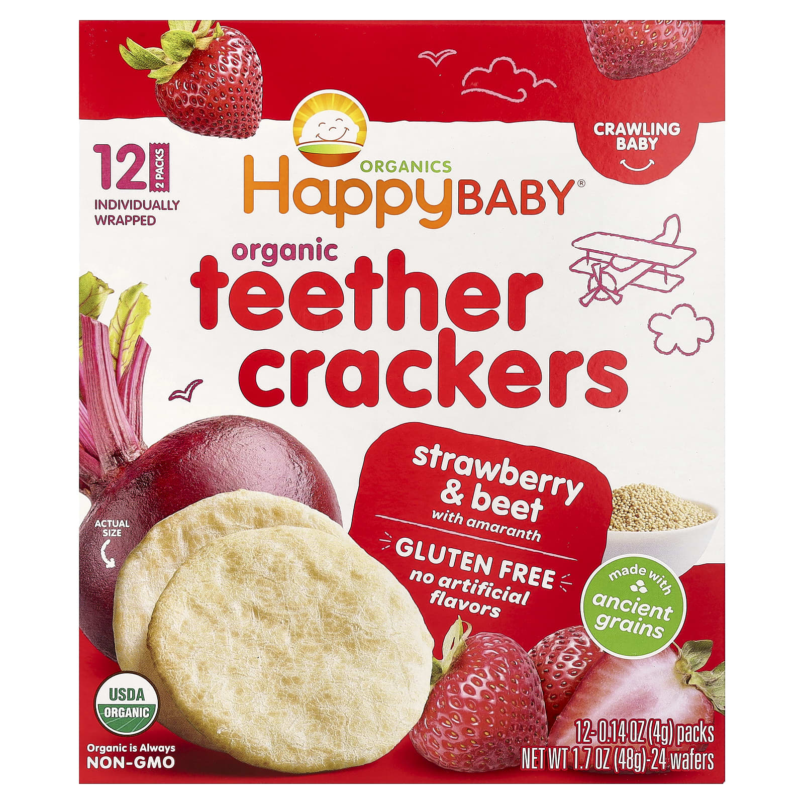 Крекеры Happy Family Organics Happy Baby Organic Teether Strawberry & Beet with Amaranth, 4 г, 12 пакетов