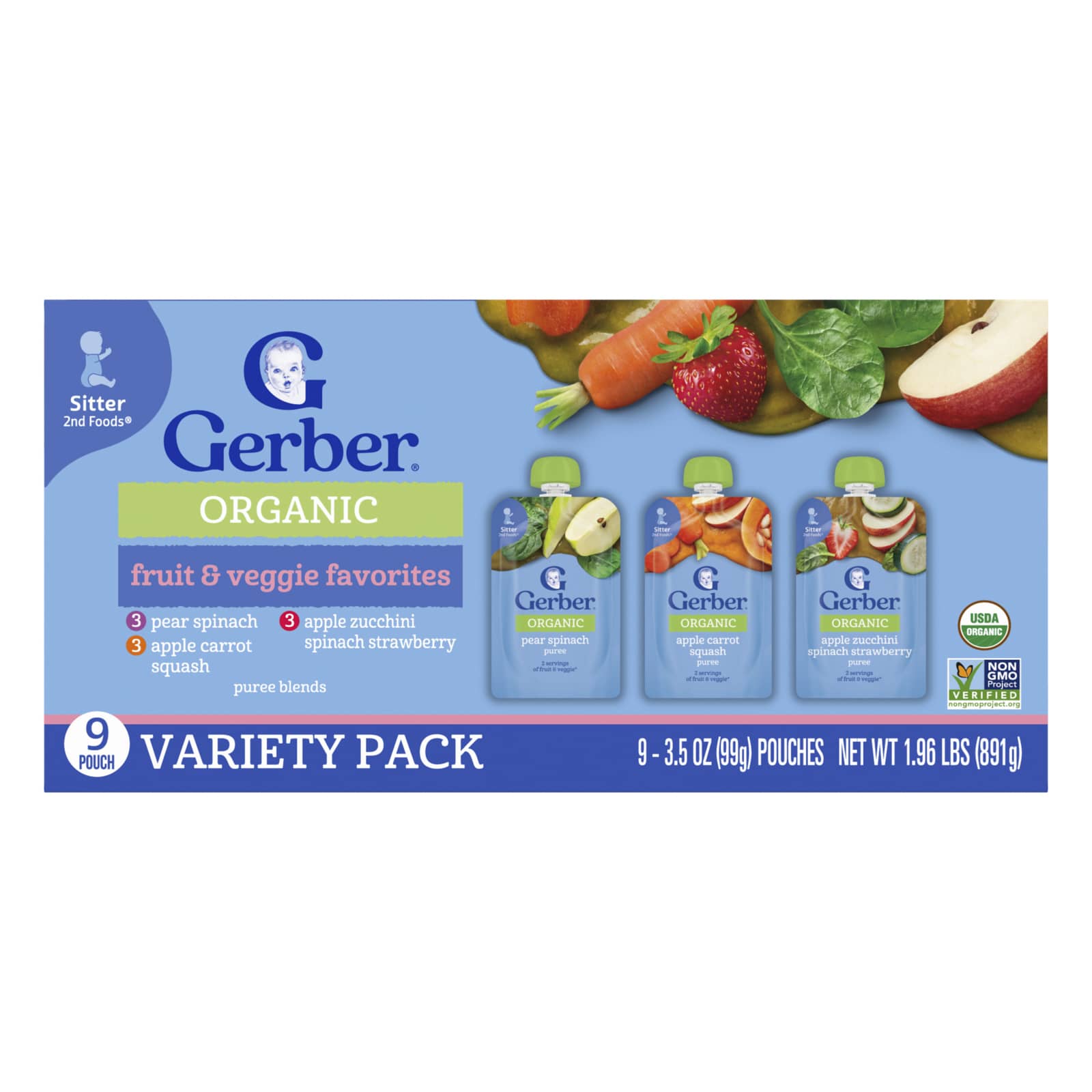 Пюре для детей Gerber, 9 пакетов по 99 г