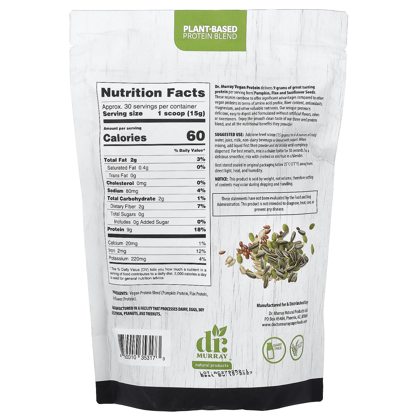 Протеин Dr. Murray's 3 Seed Superfood Vegan Powder, без вкуса, 435.5 г, порошок — фото 2