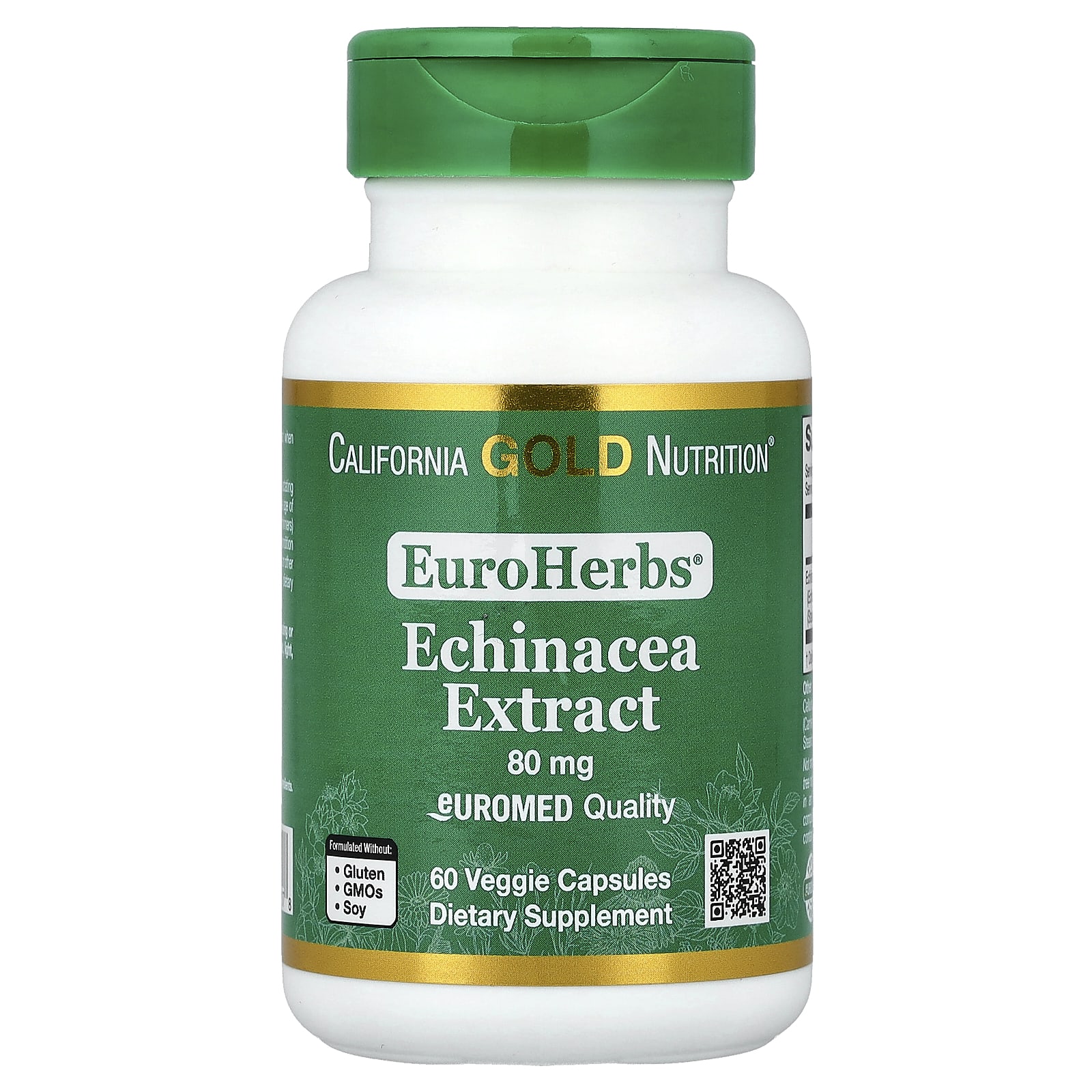 Эхинацея California Gold Nutrition EuroHerbs™ Herb Extract Euromed Quality, 80 мг, 60 растительных капсул — фото 2