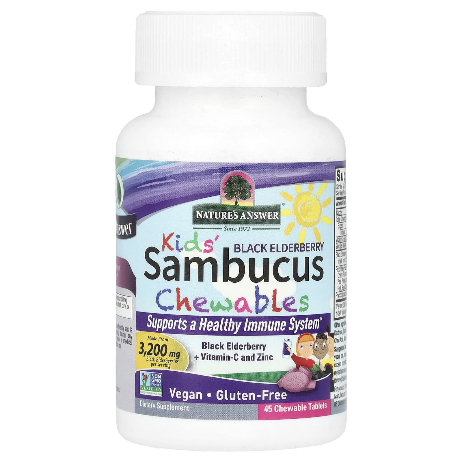 Бузина Nature's Answer Sambucus Chewables, вкус Black Elderberry Vitamin-C and Zinc, 45 жевательных таблеток