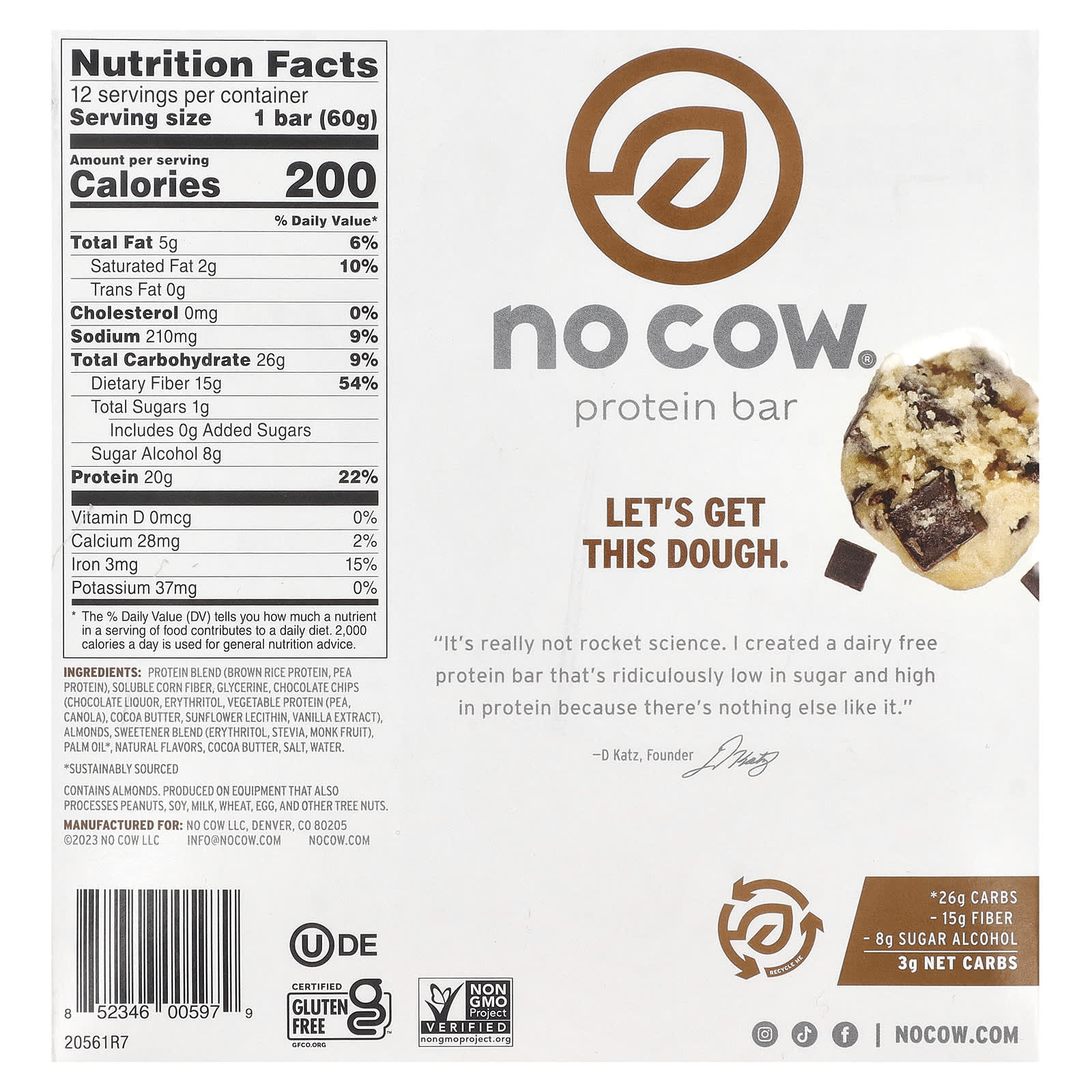 Протеиновый батончик No Cow, вкус Chocolate Chip Cookie Dough, 60 г, 12 шт. — фото 3