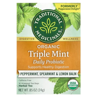 Чайные пакетики Traditional Medicinals Organic Herbal Tea Triple Mint Daily Probiotic Peppermint, без кофеина, вкус Spearmint & Lemon Balm, 24 г, 16 чайных пакетиков