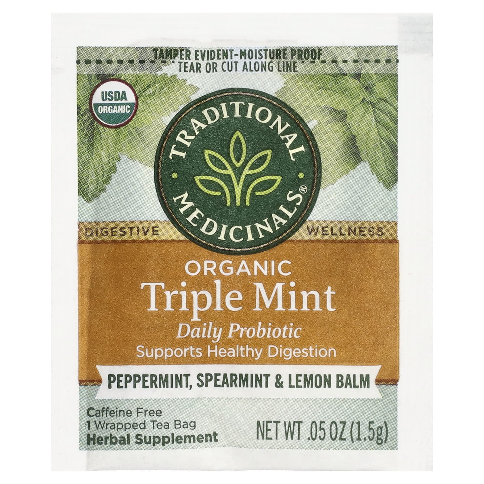 Чайные пакетики Traditional Medicinals Organic Herbal Tea Triple Mint Daily Probiotic Peppermint, без кофеина, вкус Spearmint & Lemon Balm, 24 г, 16 чайных пакетиков — фото 3