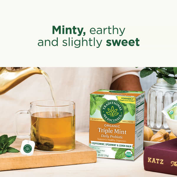 Чайные пакетики Traditional Medicinals Organic Herbal Tea Triple Mint Daily Probiotic Peppermint, без кофеина, вкус Spearmint & Lemon Balm, 24 г, 16 чайных пакетиков — фото 5