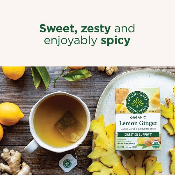 Чайные пакетики Traditional Medicinals, без кофеина, вкус Organic Lemon Ginger, 32 г, 16 чайных пакетиков — фото 2